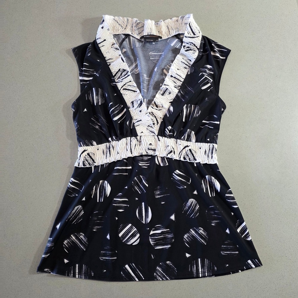 BCBGMAXAZRIA Black White Abstract Circle Print Smocked Empire Waist Top XS